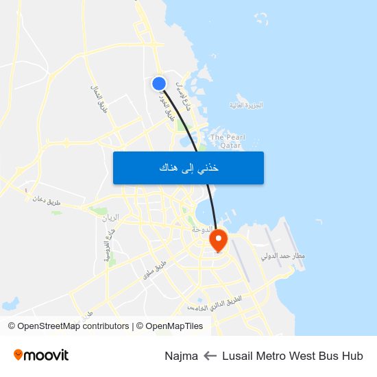 Lusail Metro West Bus Hub to Najma map