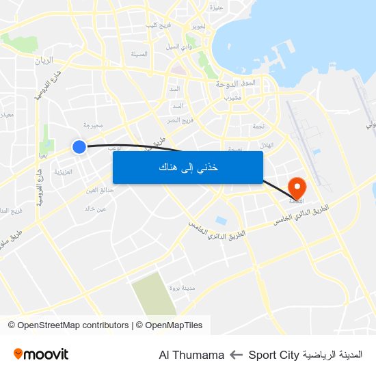 المدينة الرياضية Sport City to Al Thumama map