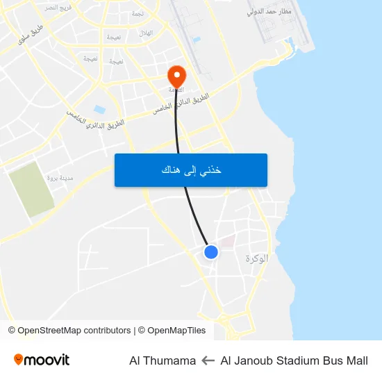 Al Janoub Stadium Bus Mall to Al Thumama map
