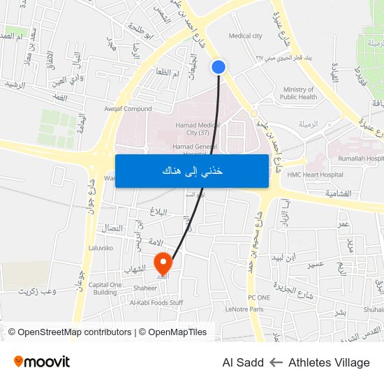 Athletes Village to Al Sadd map