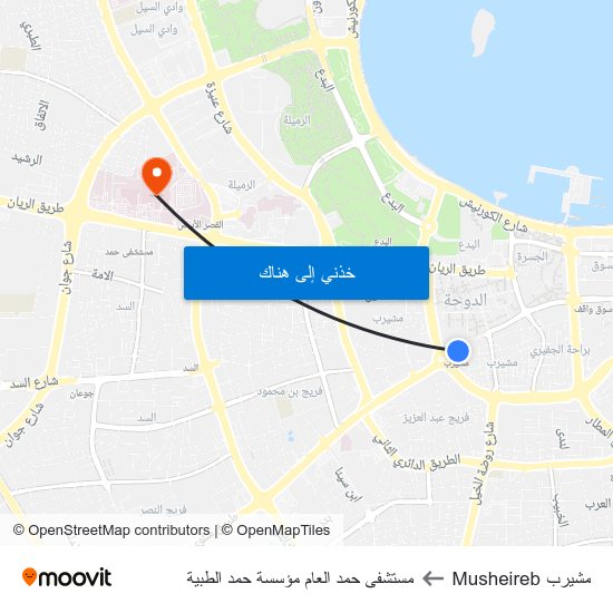 مشيرب Musheireb to مستشفى حمد العام مؤسسة حمد الطبية map