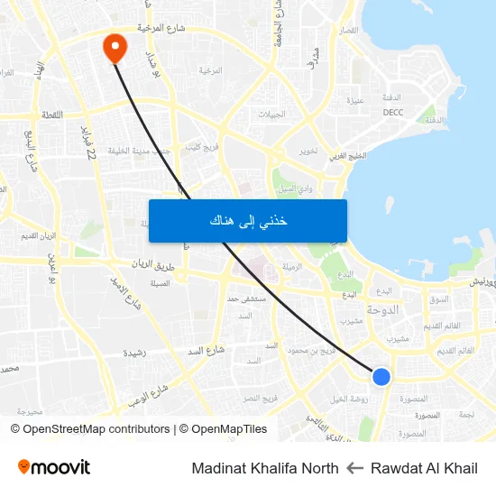 Rawdat Al Khail to Madinat Khalifa North map