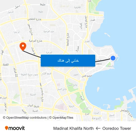 Ooredoo Tower to Madinat Khalifa North map