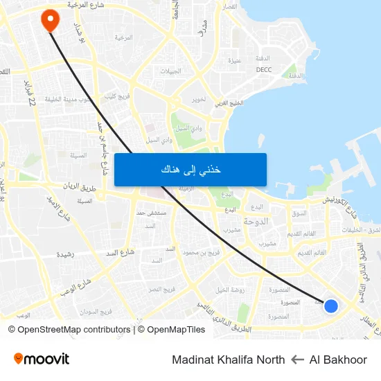 Al Bakhoor to Madinat Khalifa North map