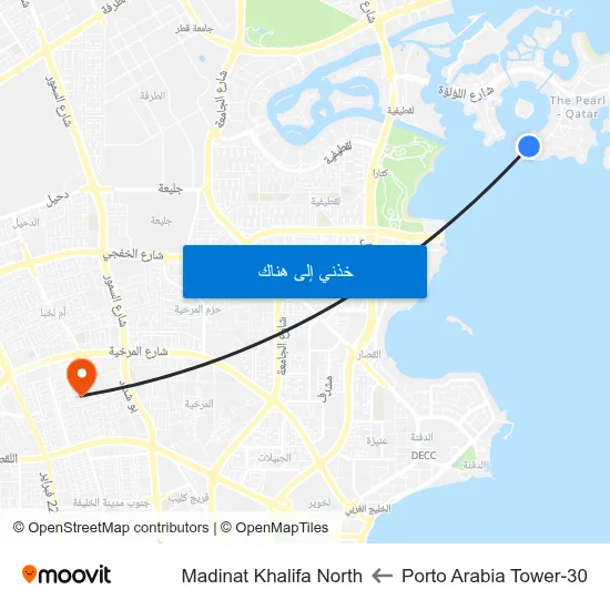 Porto Arabia Tower-30 to Madinat Khalifa North map