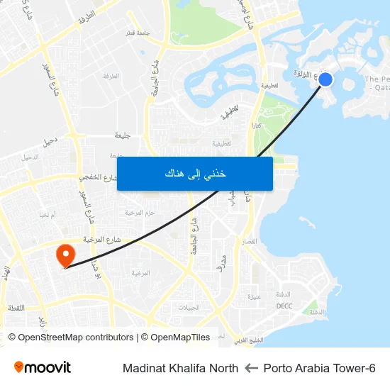 Porto Arabia Tower-6 to Madinat Khalifa North map