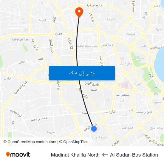 Al Sudan Bus Station to Madinat Khalifa North map