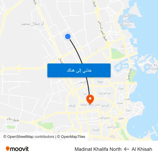 Al Khisah to Madinat Khalifa North map