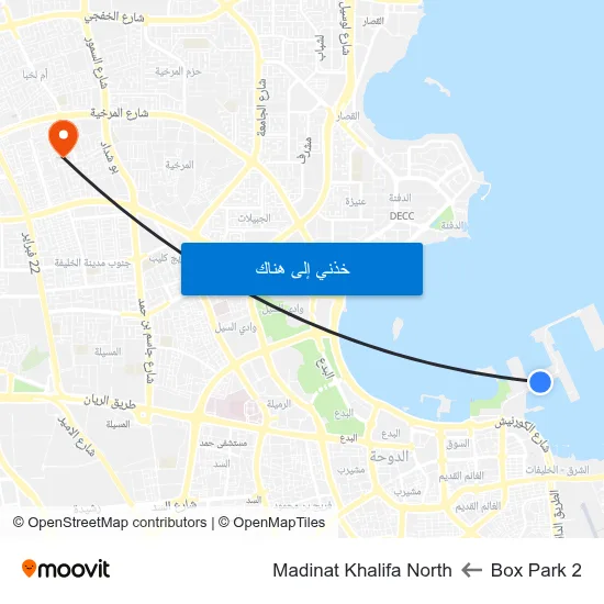 Box Park 2 to Madinat Khalifa North map
