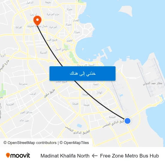 Free Zone Metro Bus Hub to Madinat Khalifa North map