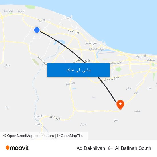 Al Batinah South to Ad Dakhliyah map