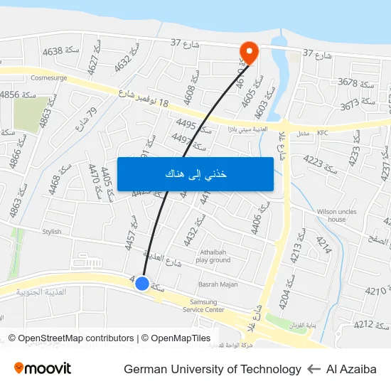 Al Azaiba to German University of Technology map