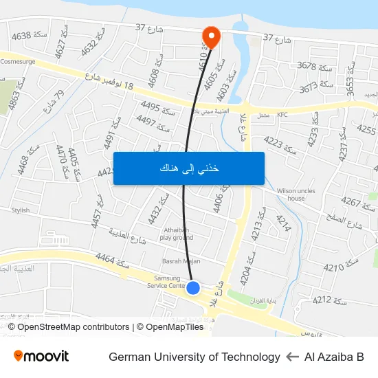 Al Azaiba B to German University of Technology map