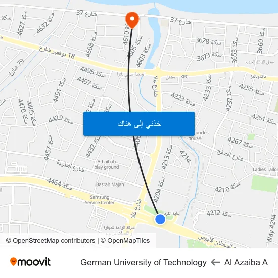 Al Azaiba A to German University of Technology map