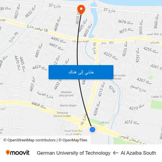 Al Azaiba South to German University of Technology map