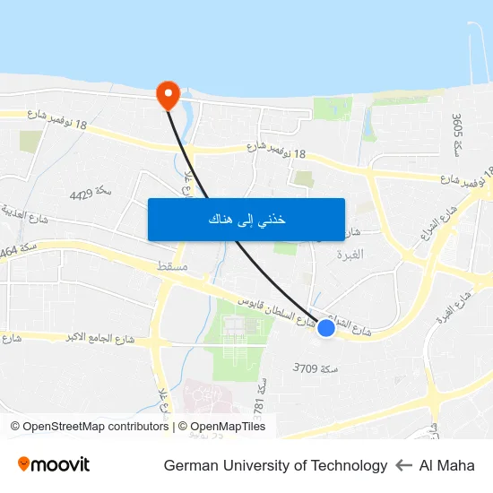 Al Maha to German University of Technology map