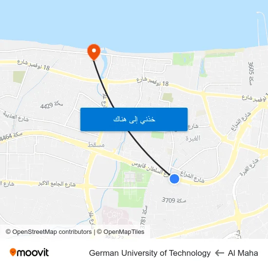 Al Maha to German University of Technology map