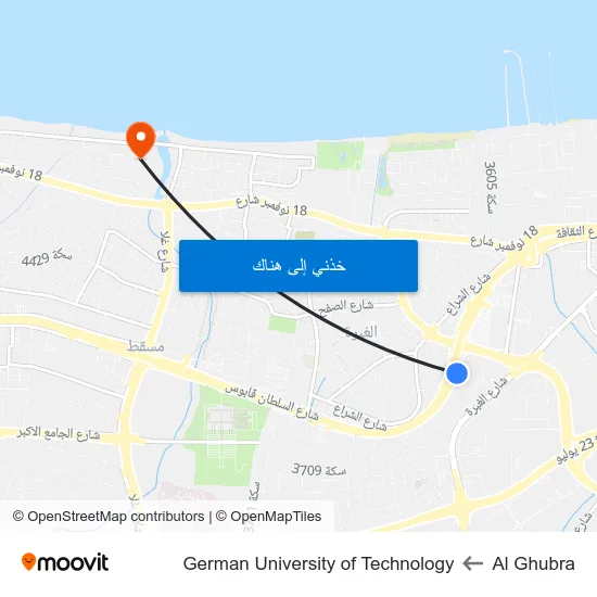 Al Ghubra to German University of Technology map