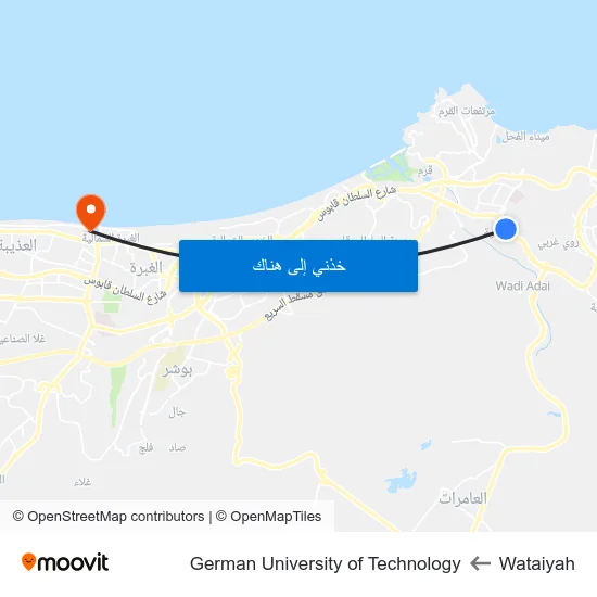 Wataiyah to German University of Technology map
