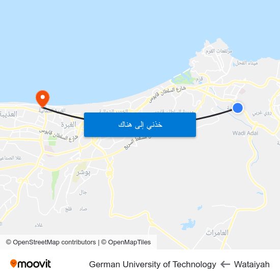 Wataiyah to German University of Technology map