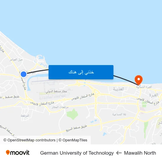 Mawalih North to German University of Technology map