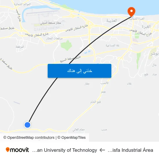 Al Misfa Industrial Área to German University of Technology map