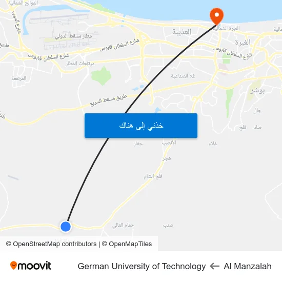 Al Manzalah to German University of Technology map
