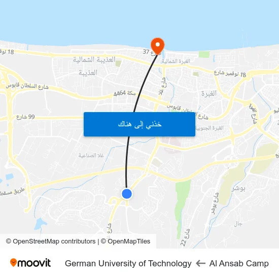 Al Ansab Camp to German University of Technology map