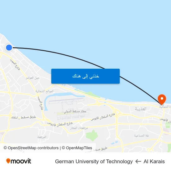 Al Karais to German University of Technology map