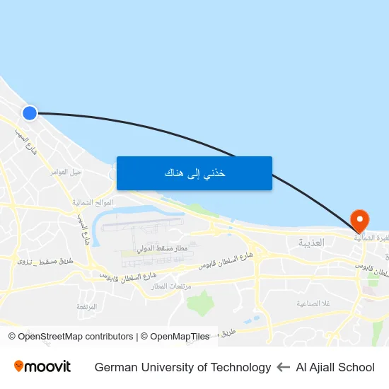 Al Ajiall School to German University of Technology map