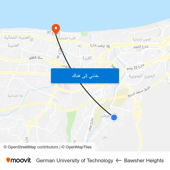 Bawsher Heights to German University of Technology map
