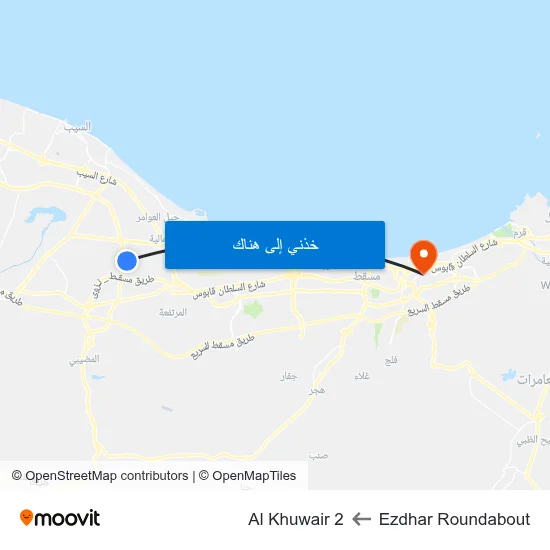 Ezdhar Roundabout to Al Khuwair 2 map