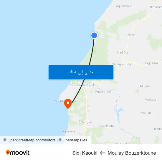 Moulay Bouzerktoune to Sidi Kaouki map