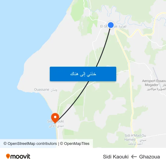 Ghazoua to Sidi Kaouki map