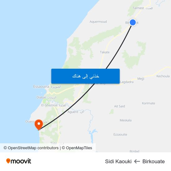 Birkouate to Sidi Kaouki map