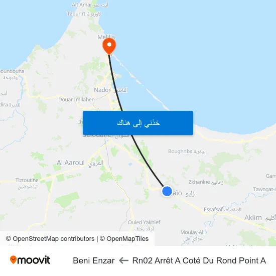 Rn02 Arrêt A Coté Du Rond Point A to Beni Enzar map
