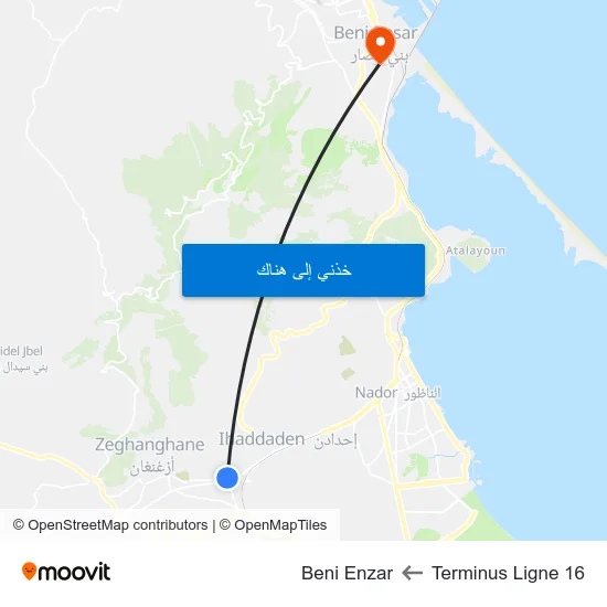 Terminus Ligne 16 to Beni Enzar map