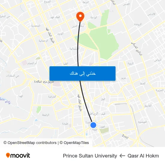 Qasr Al Hokm to Prince Sultan University map