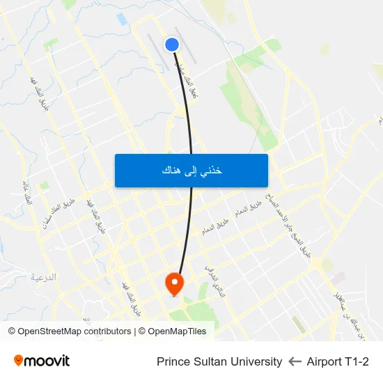 Airport T1-2 to Prince Sultan University map