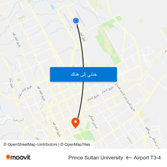 Airport T3-4 to Prince Sultan University map