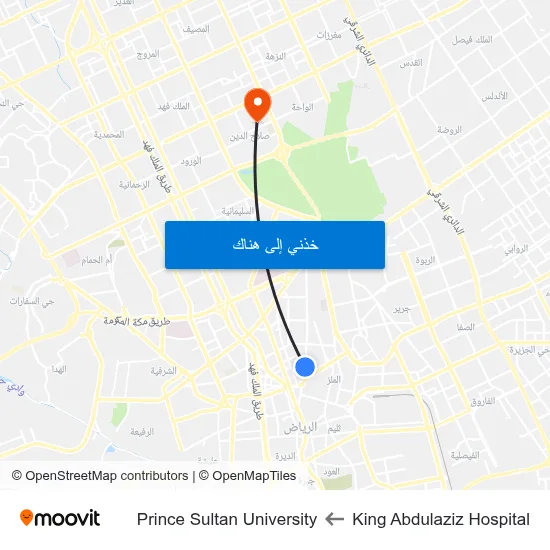 King Abdulaziz Hospital to Prince Sultan University map