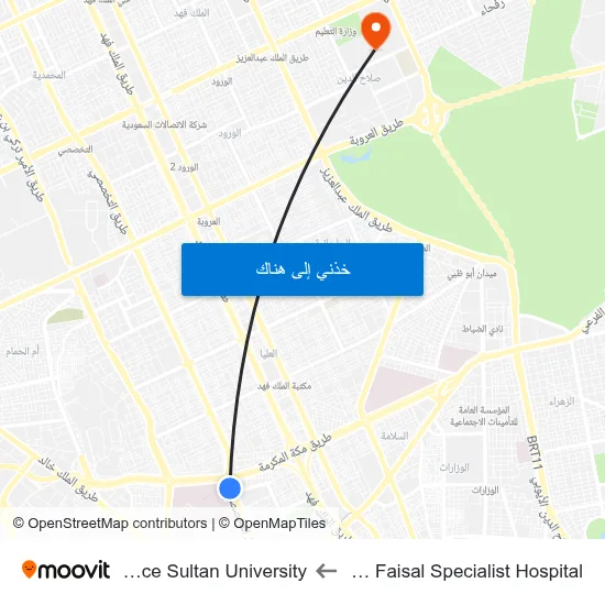 King Faisal Specialist Hospital to Prince Sultan University map