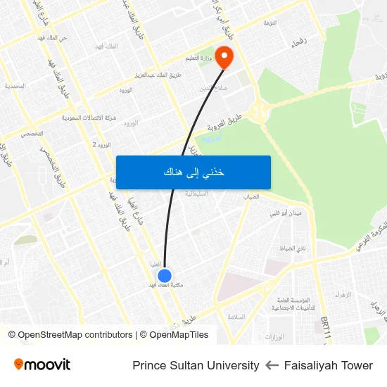 Faisaliyah Tower to Prince Sultan University map