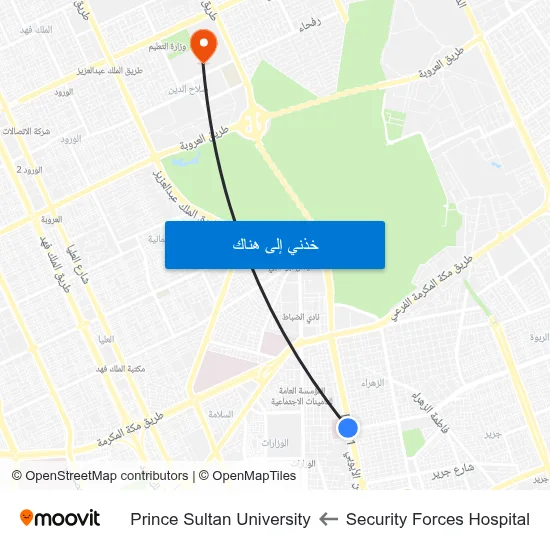 Security Forces Hospital to Prince Sultan University map