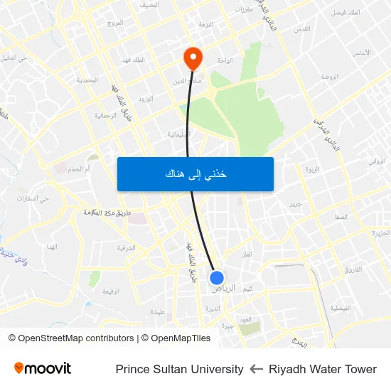 Riyadh Water Tower to Prince Sultan University map