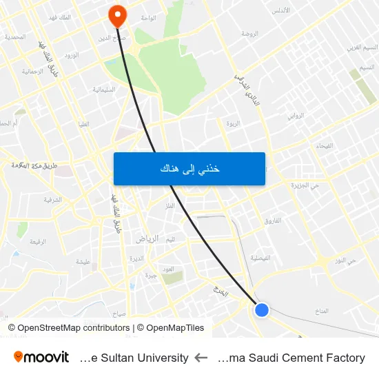 Yamama Saudi Cement Factory to Prince Sultan University map