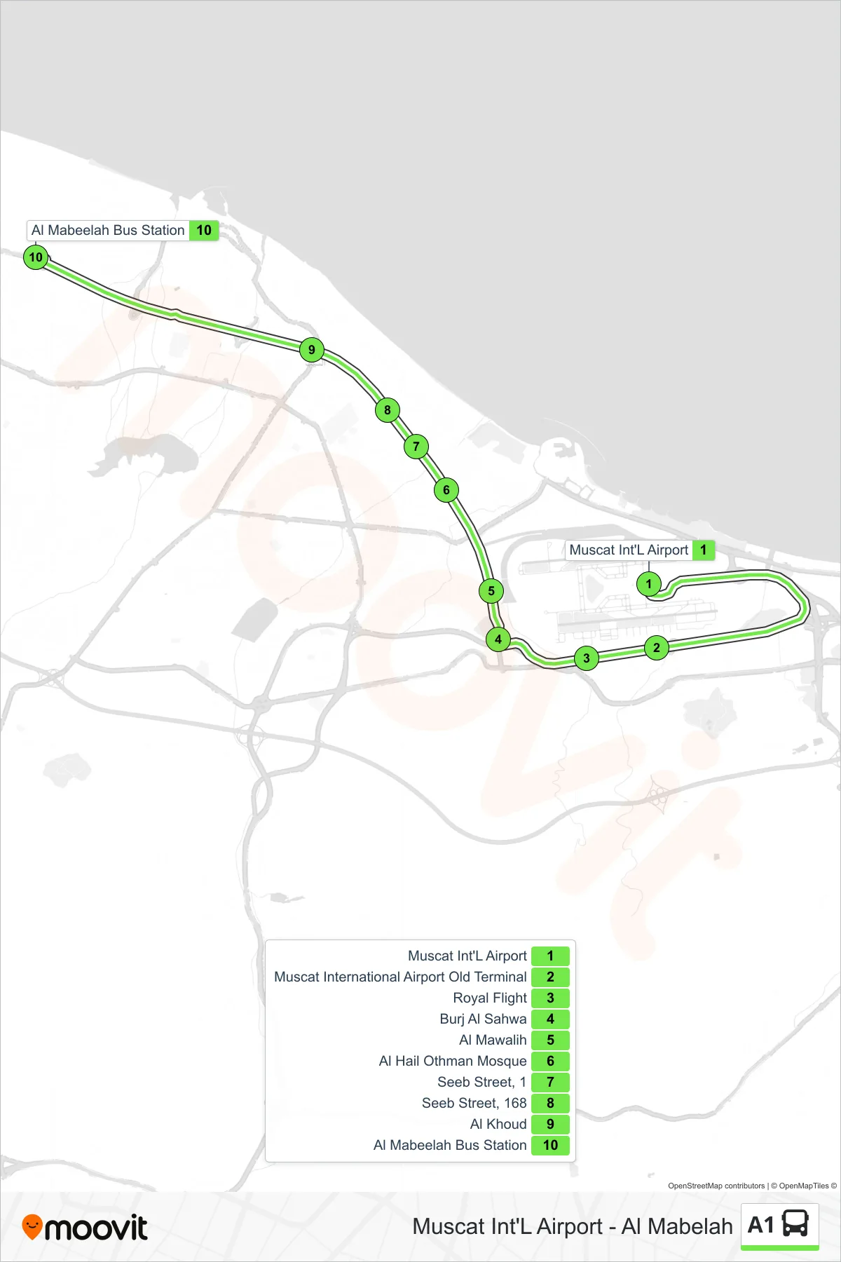 A1 bus Line (Muscat International Airport - Al Mabelah) route and stops on a map