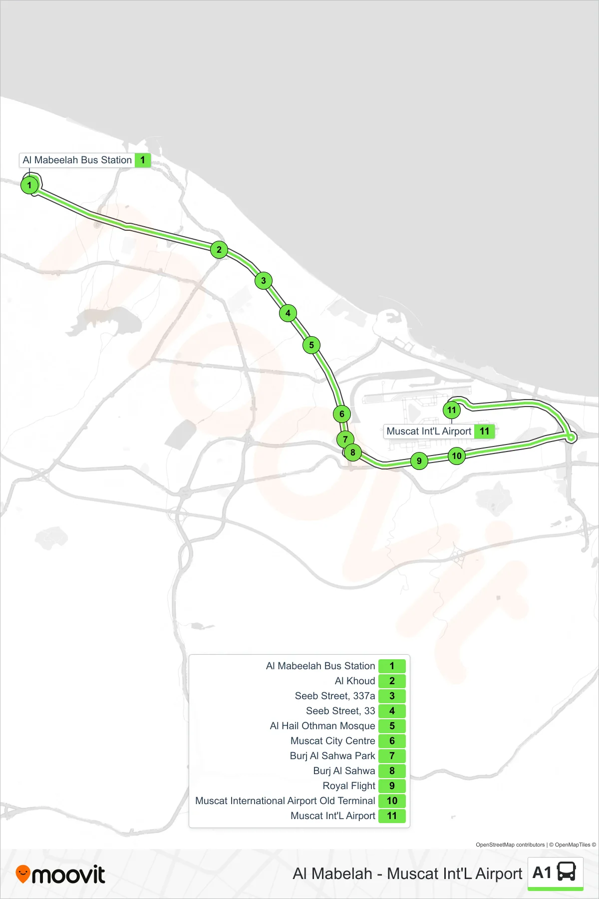 A1 bus Line (Al Mabelah - Muscat Int'l Airport) route and stops on a map