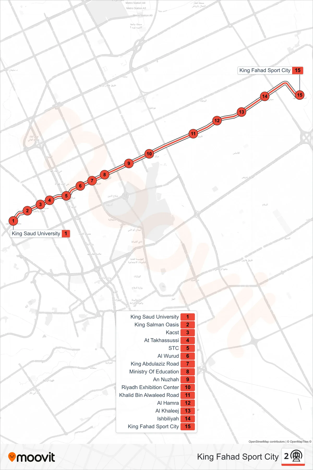 2 subway Line (King Fahad Sport City) route and stops on a map