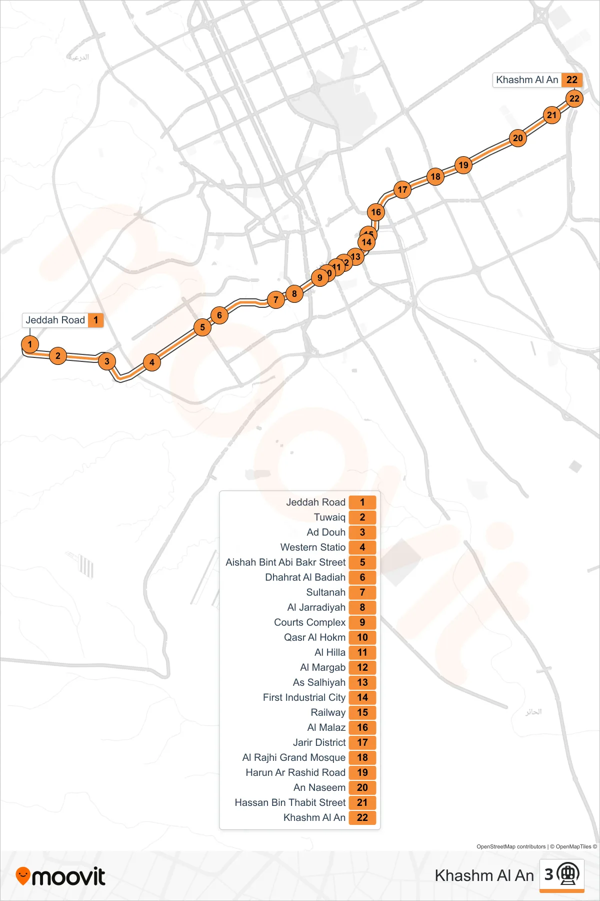 3 subway Line (Khashm Al An) route and stops on a map